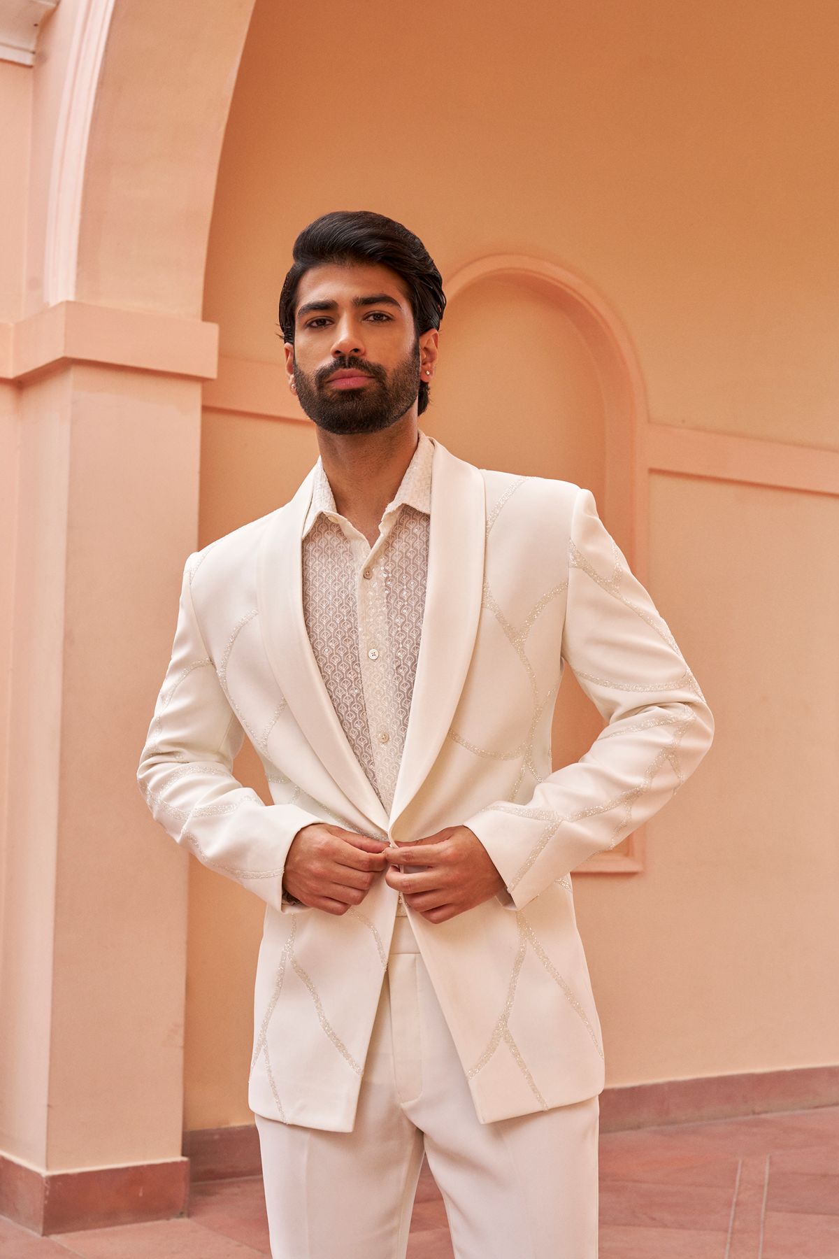 White Abstract Embroidery Tuxedo