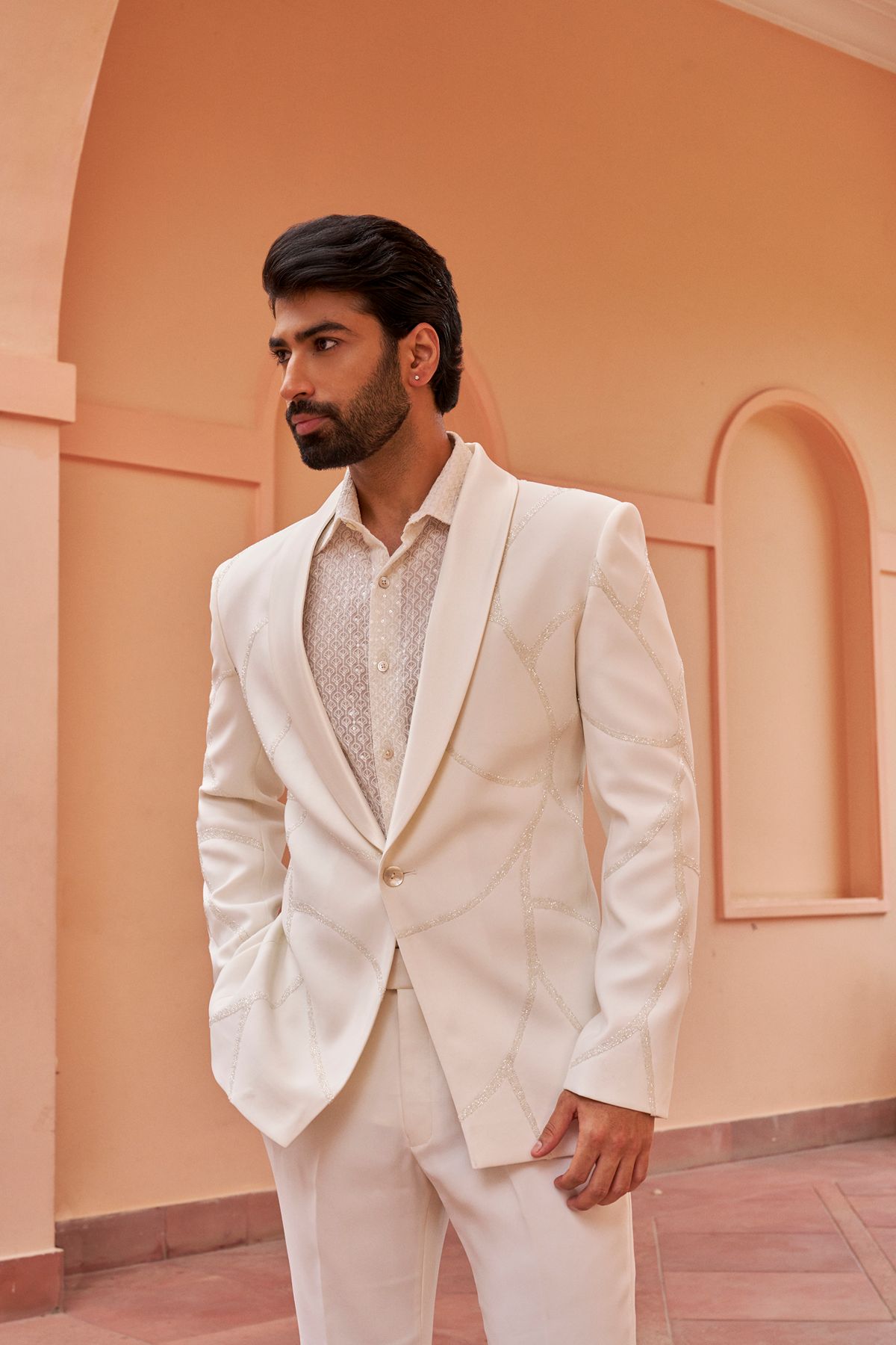 White Abstract Embroidery Tuxedo