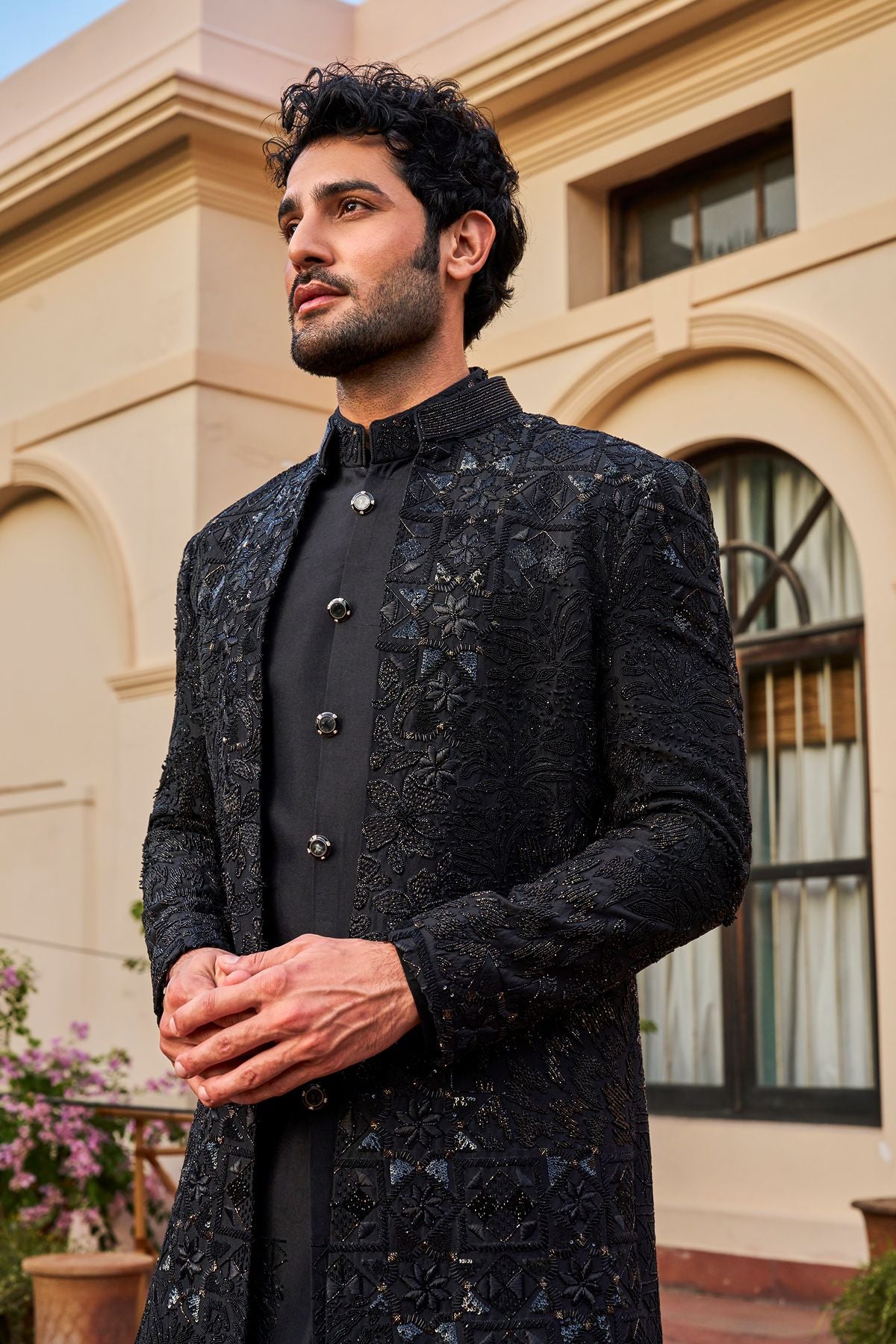 Black Floral Embroidered Indowestern