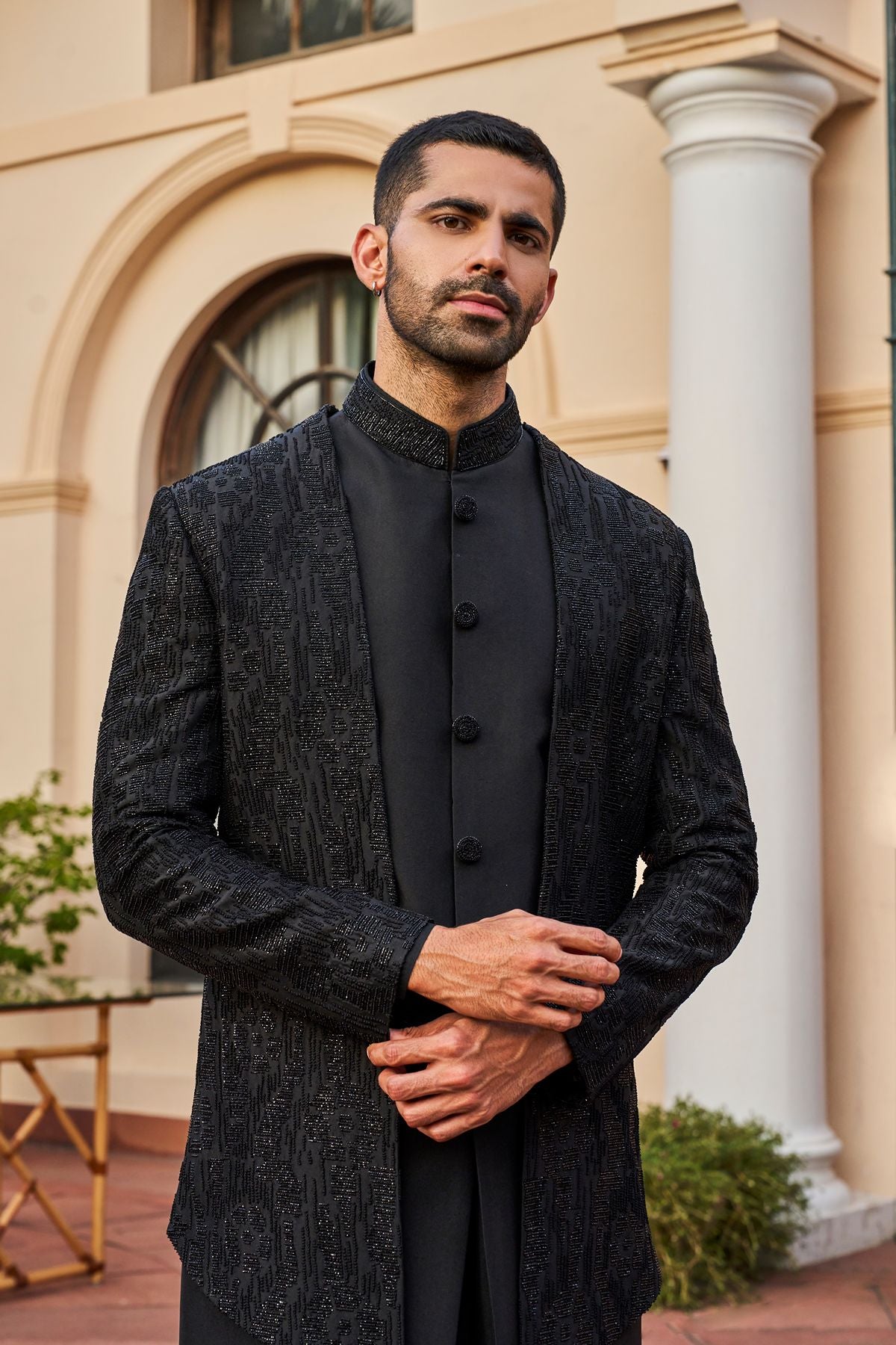 Black Tonal  Embroidered Indowestern