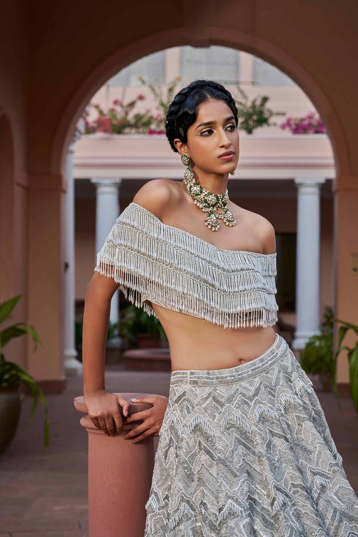 Silver off-Shoulder Embellished Lehenga