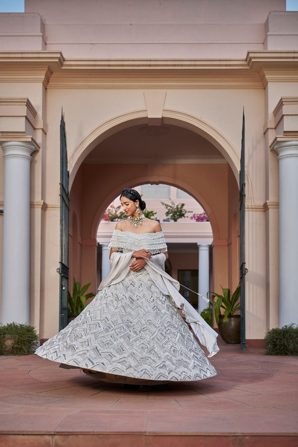Silver off-Shoulder Embellished Lehenga