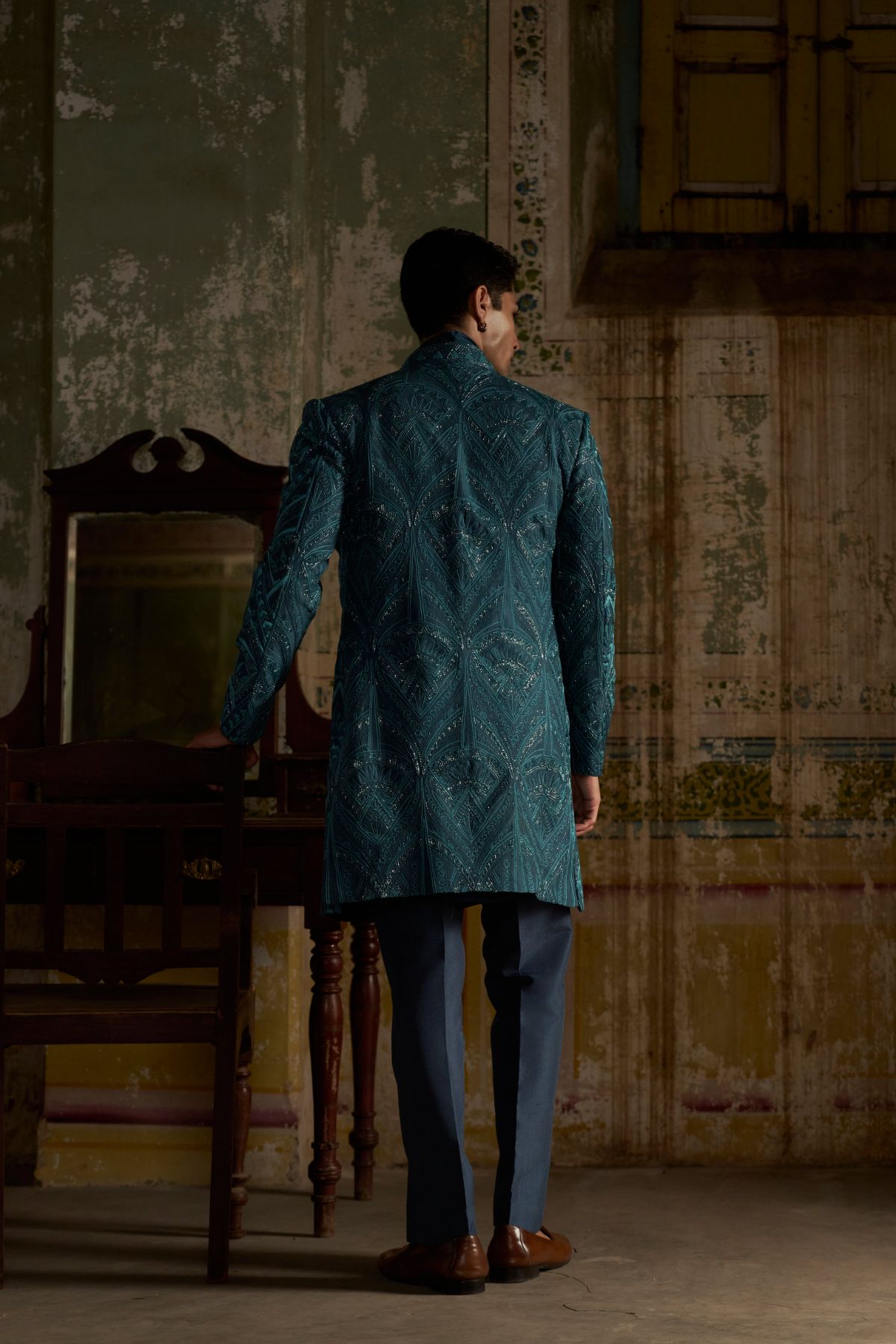 Teal Blue Draped Indowestern