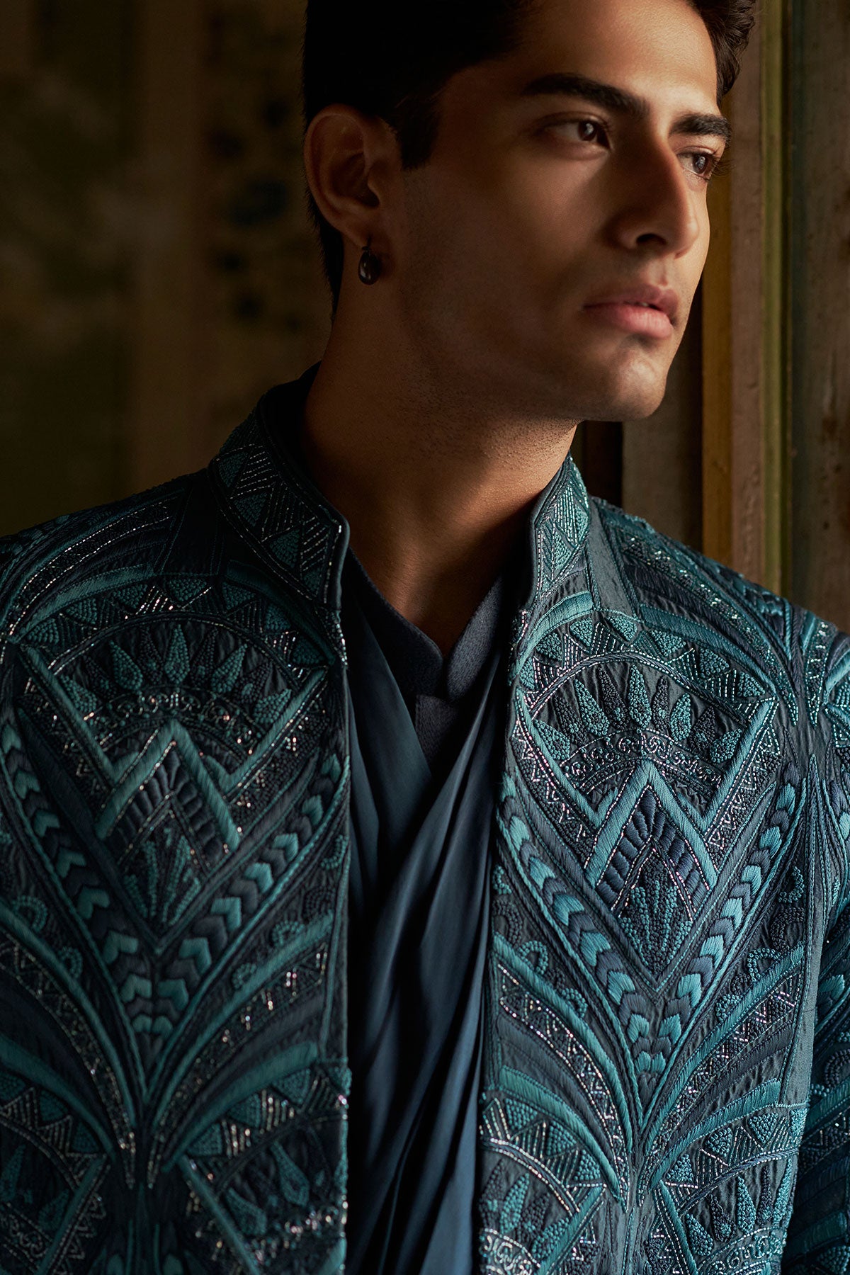 Teal Blue Draped Indowestern