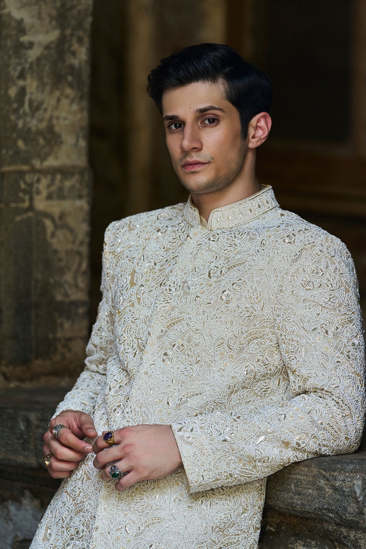 Ivory 3D Signature Embroidered Sherwani
