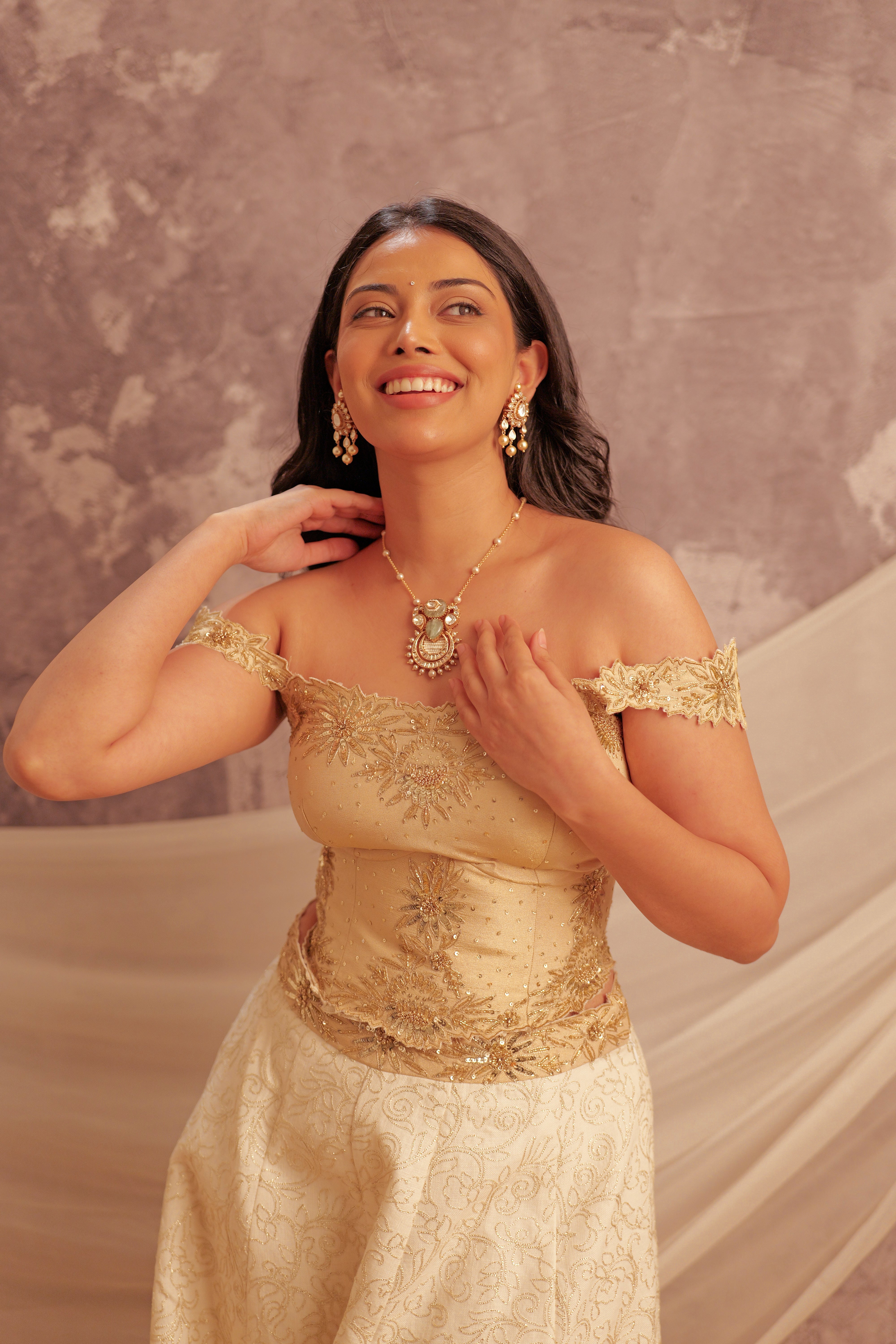 The Golden Reverie Corset Set - Three-quarter smiling view