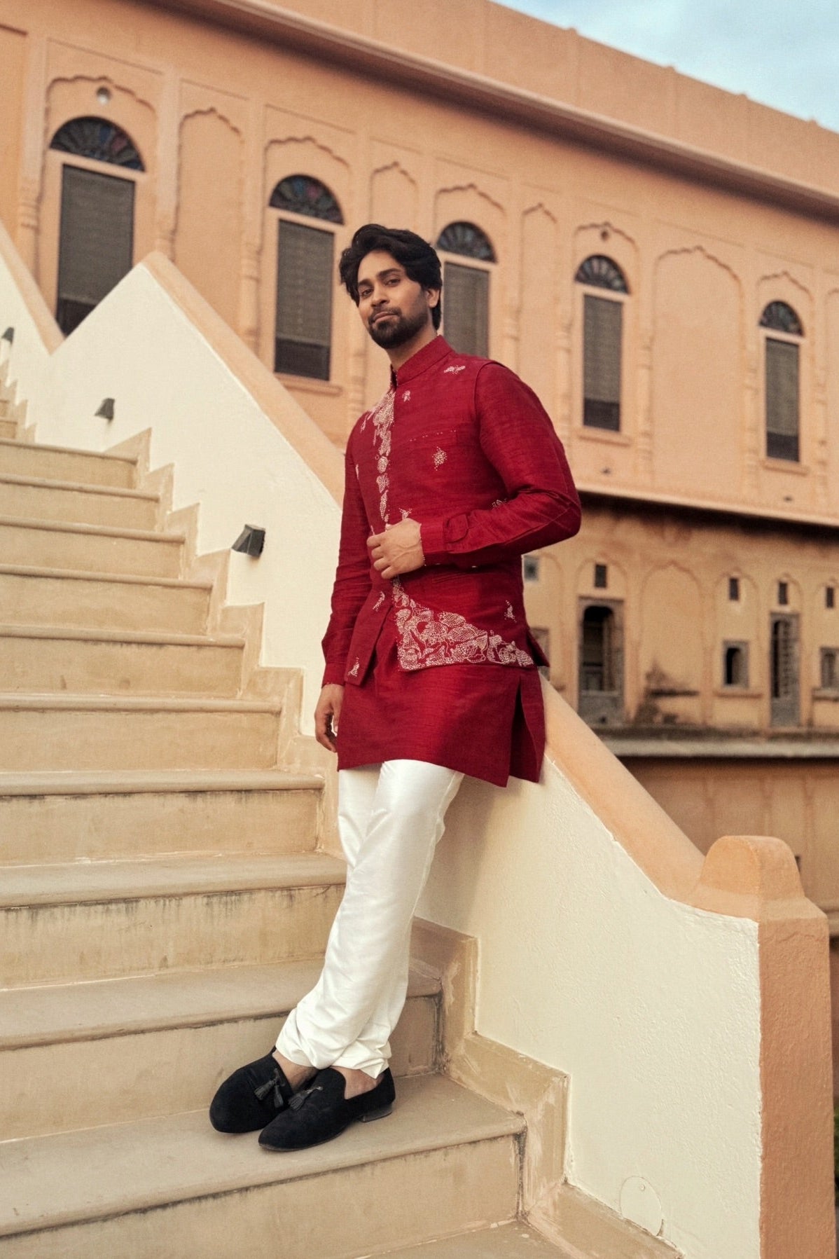 Ankush Bahuguna in Crimson Embroidered Sherwani Jacket