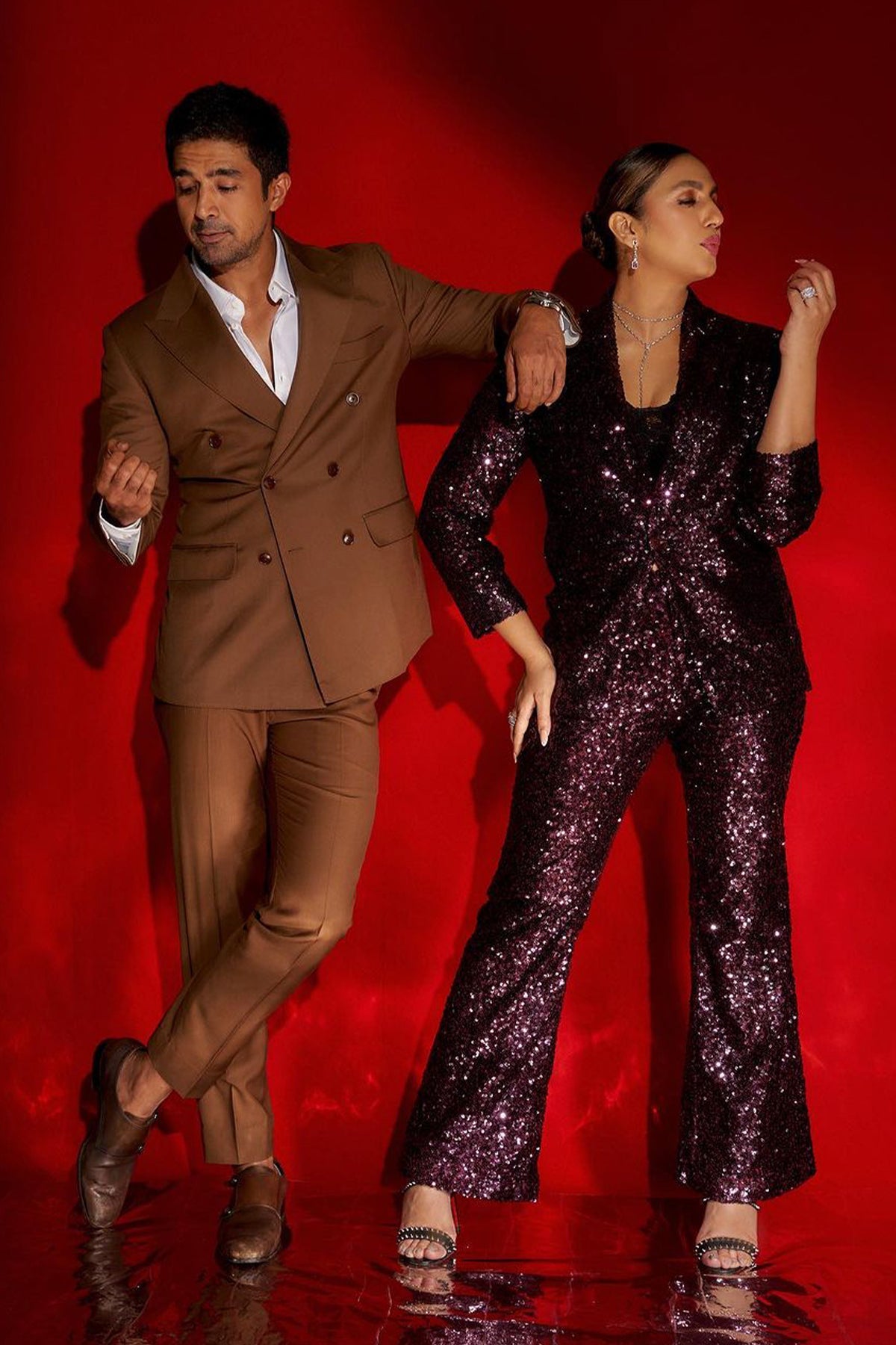 Huma Qureshi | The Crimson Queen in a Shimmering Pantsuit