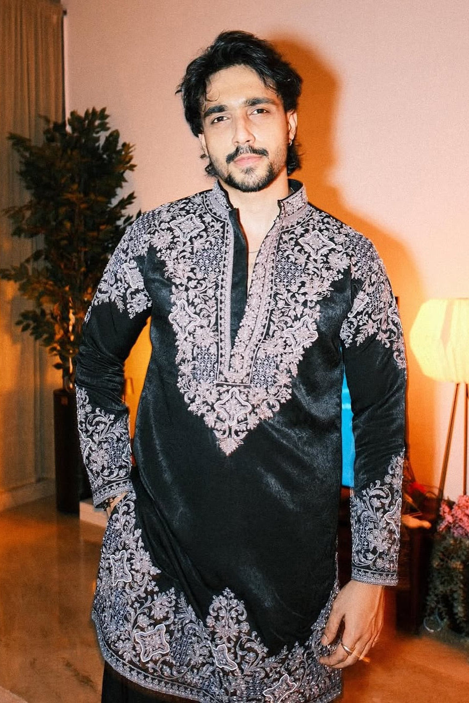 Tanzeel Khan in the Obsidian Black Kurta with Silver Zardozi