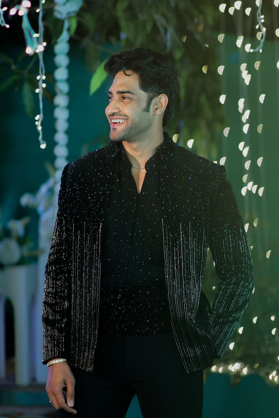 Thugesh (Mahesh Keshwala) in Black Crystal Fringe Blazer