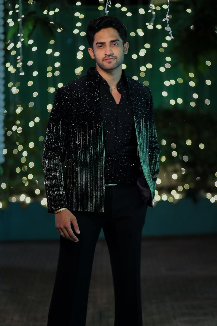 Thugesh (Mahesh Keshwala) in Black Crystal Fringe Blazer