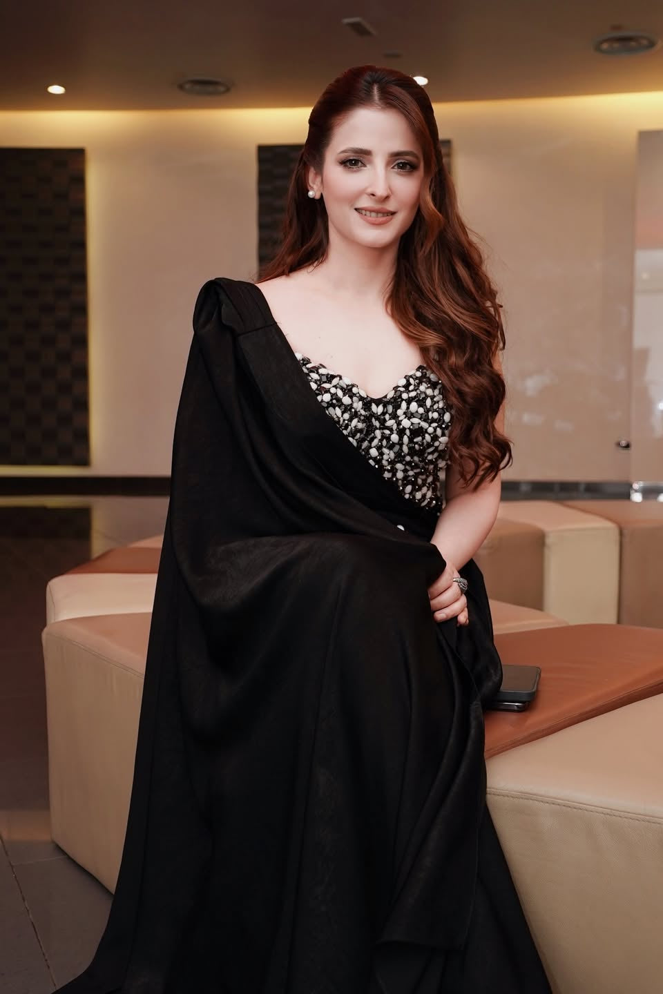 Rehmat Rattan in Black Crystal Embellished Cape Gown