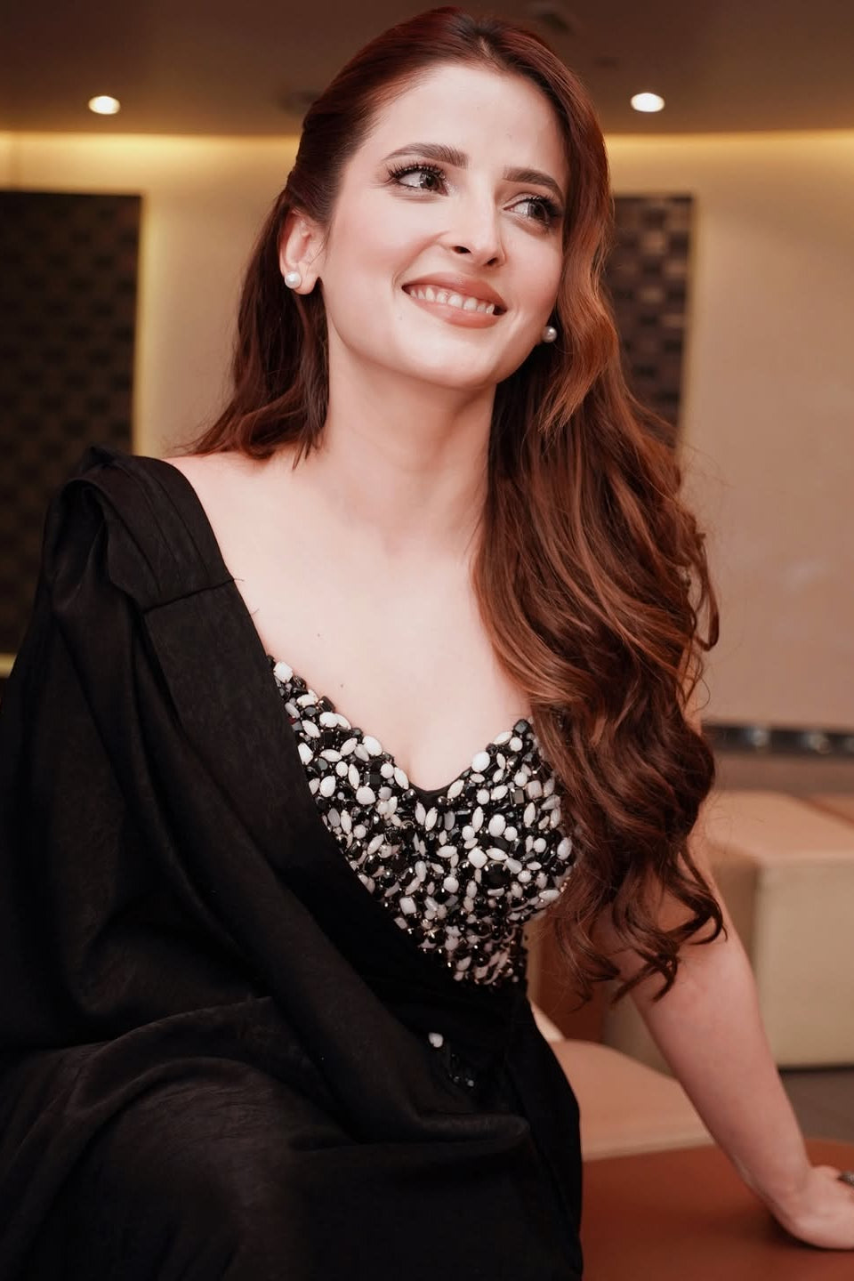 Rehmat Rattan in Black Crystal Embellished Cape Gown