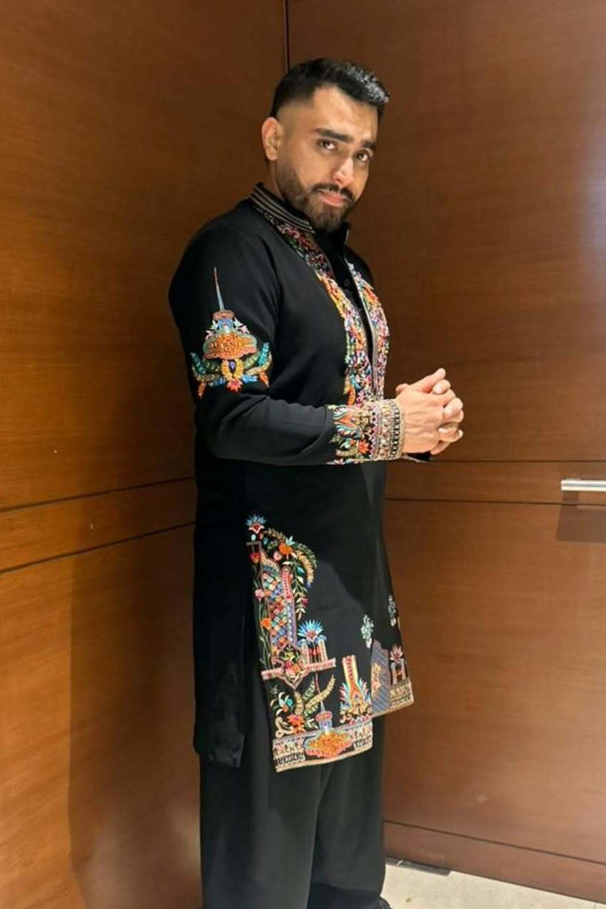 Viraj Ghelani in Black Multicolour Embroidered Kurta Set