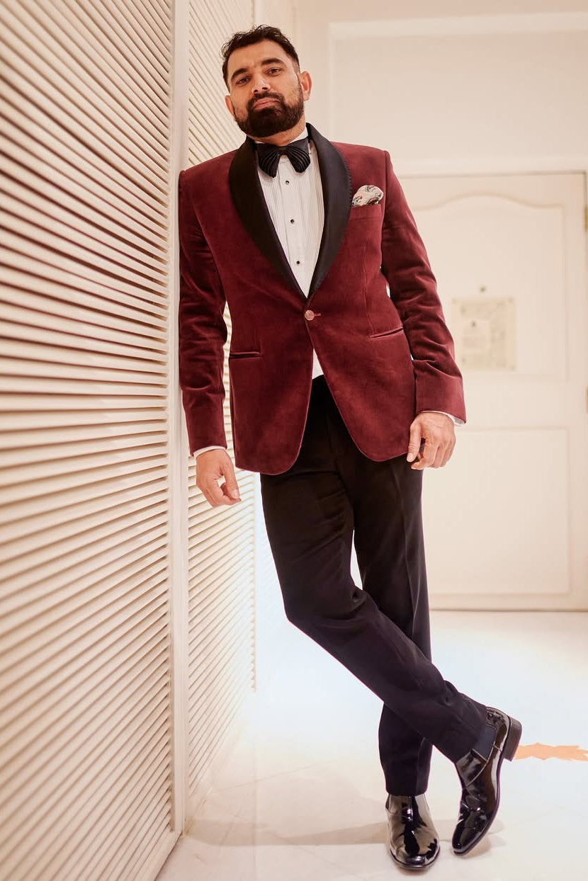 Mohammed Shami in Burgundy Velvet Tuxedo Blazer