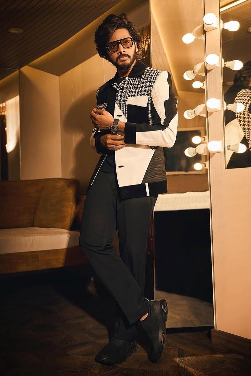 Teja Sajja in Houndstooth Patchwork Jacket