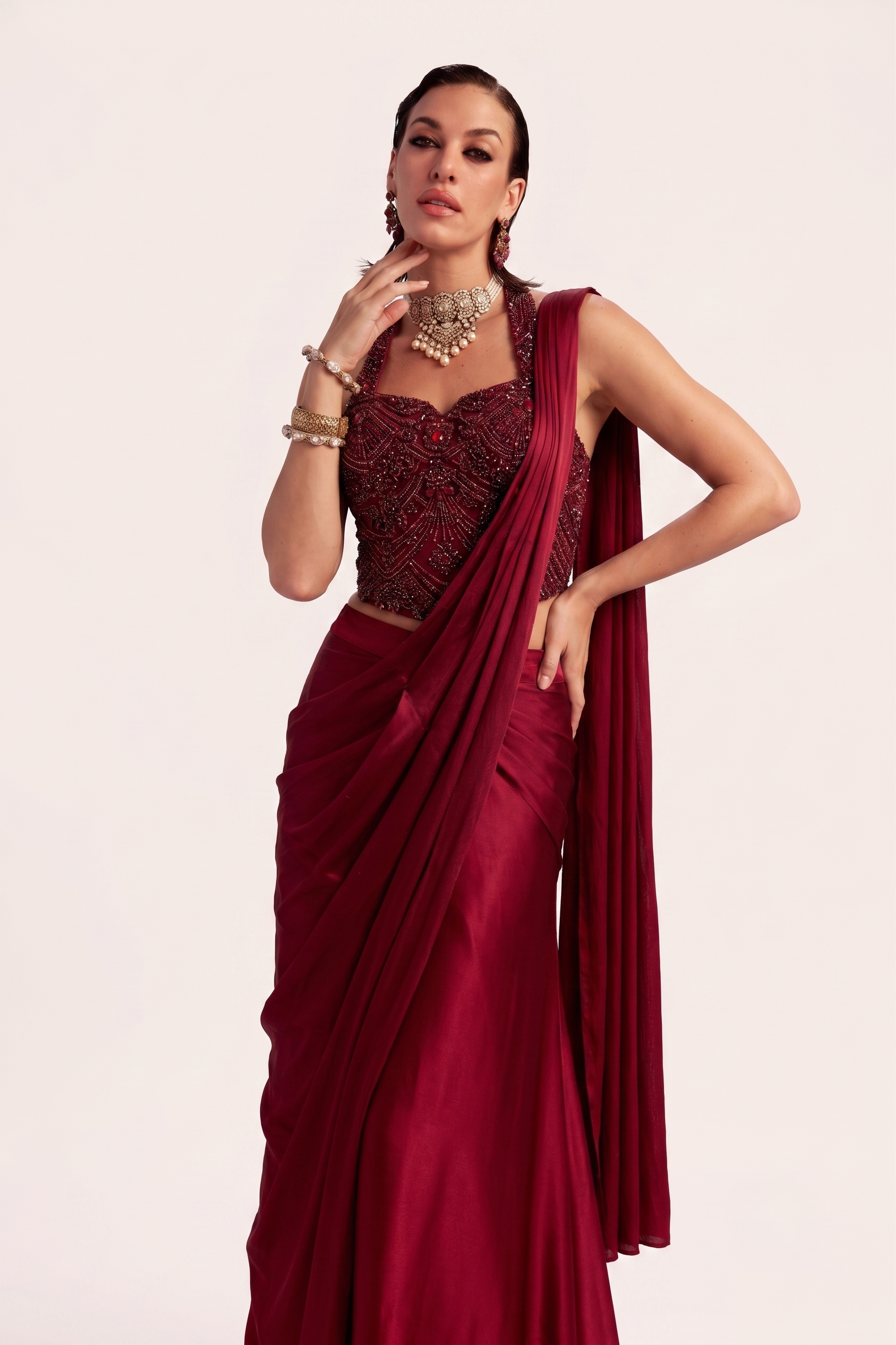 Crimson Arc Corset Saree - Bodice Detail