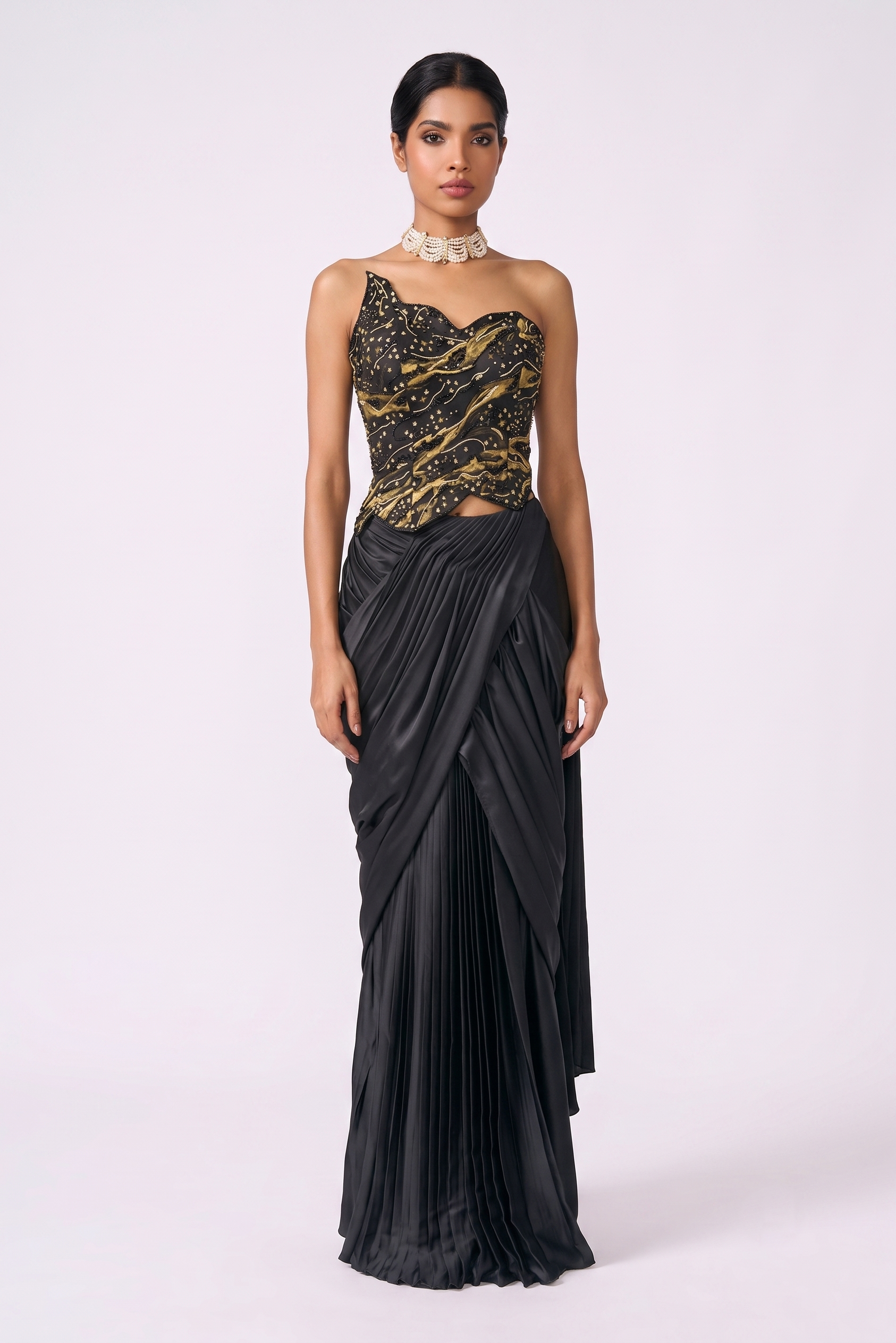 Obsidian Gold Marble Corset Pre-Draped Saree - full length view