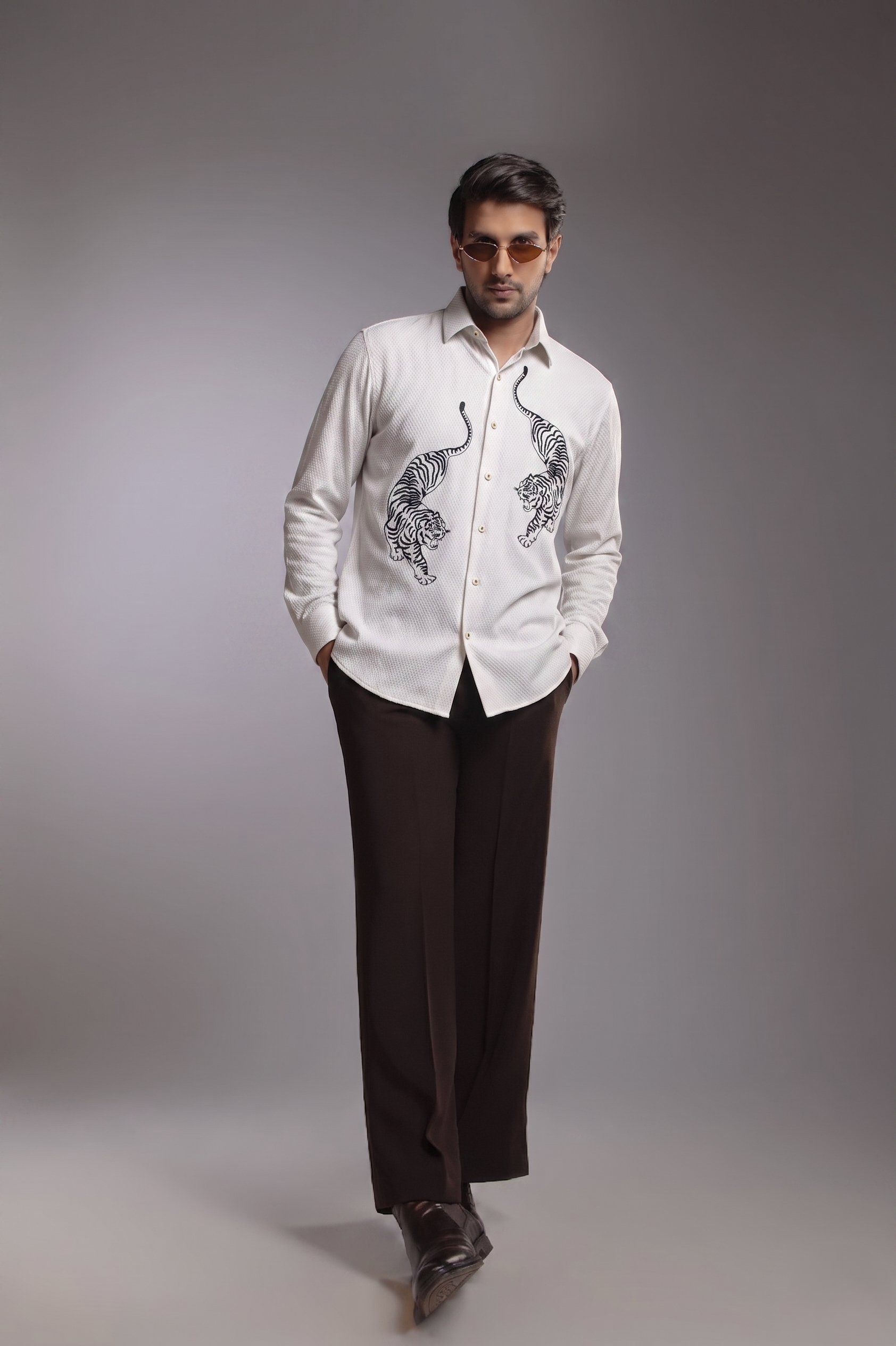 Stone Grey Dual Tiger Embroidered Textured Shirt