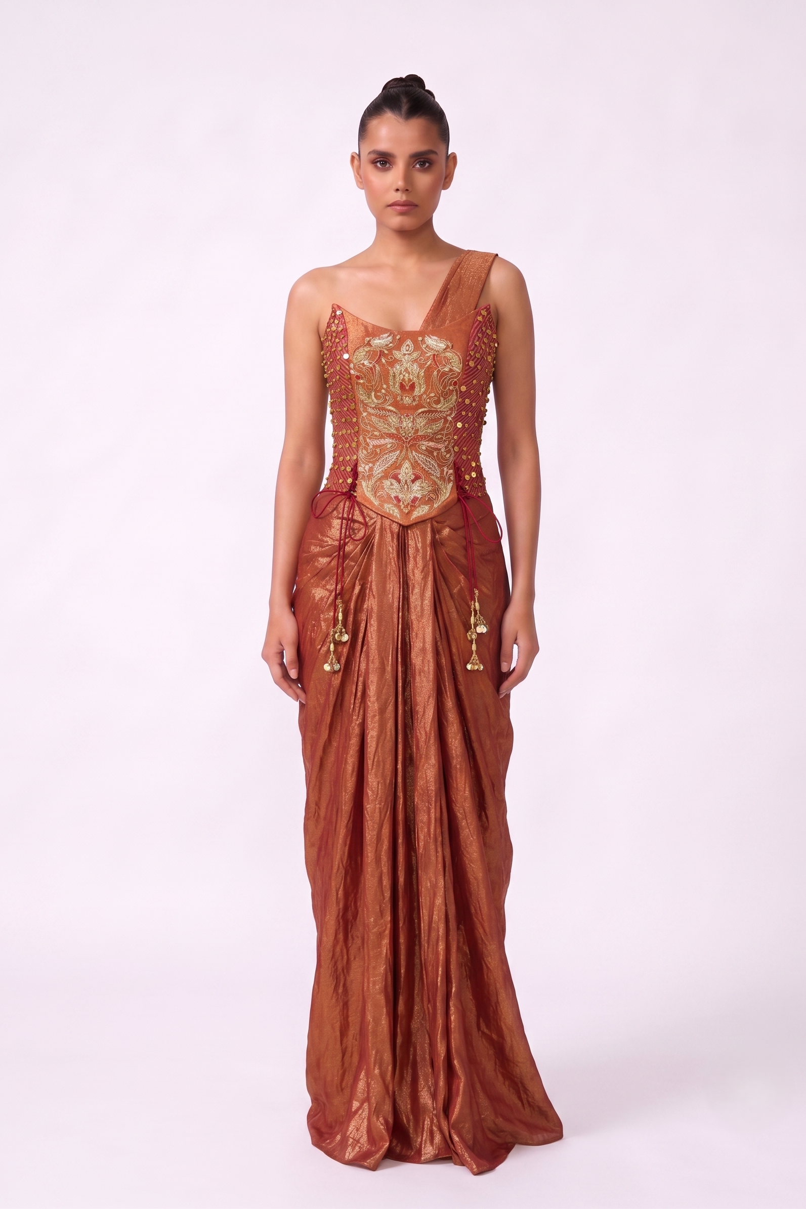 Copper Scroll Draped Gown - Full Front View