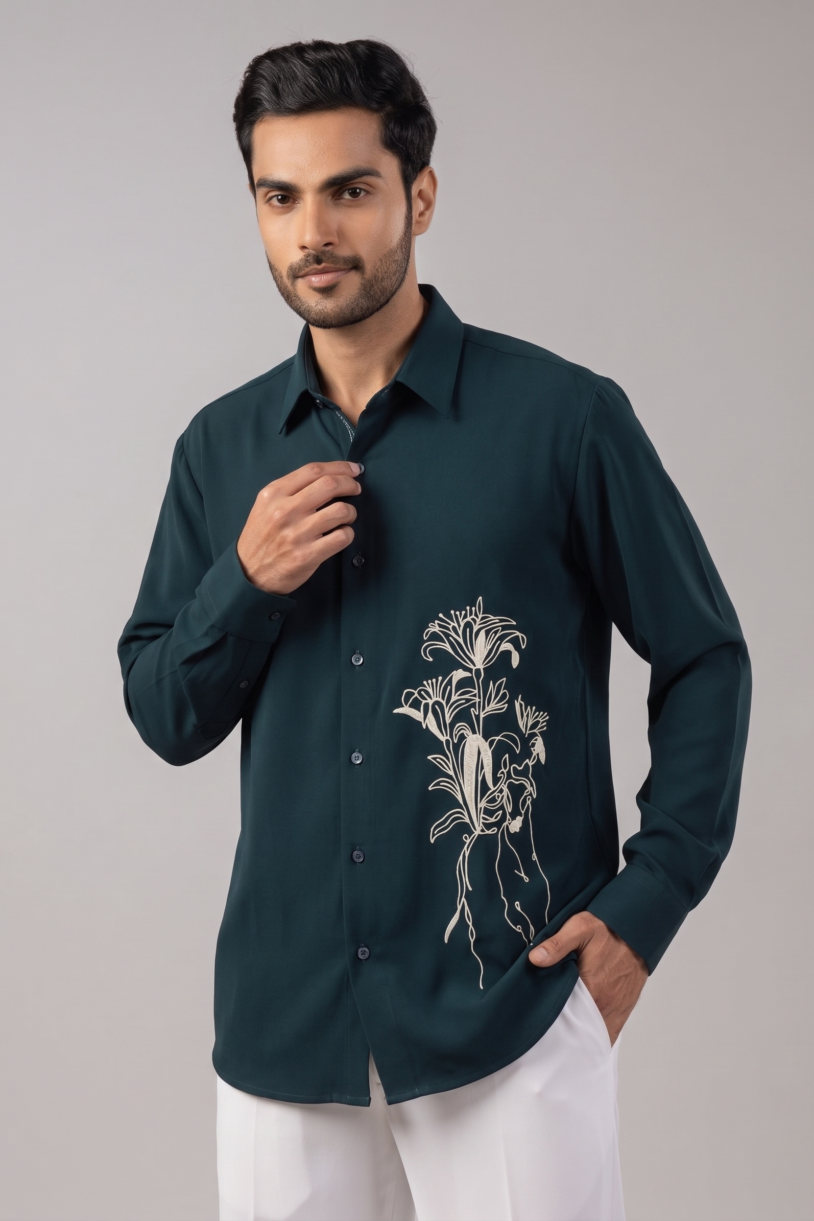Deep Teal Rearing Horse & Lily Line Art Embroidered Shirt