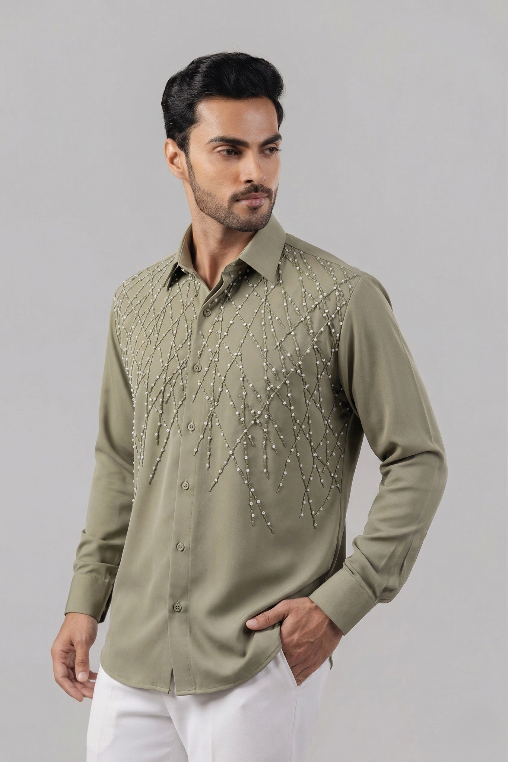 Sage Green Pearl & Thread Lattice Embellished Shirt