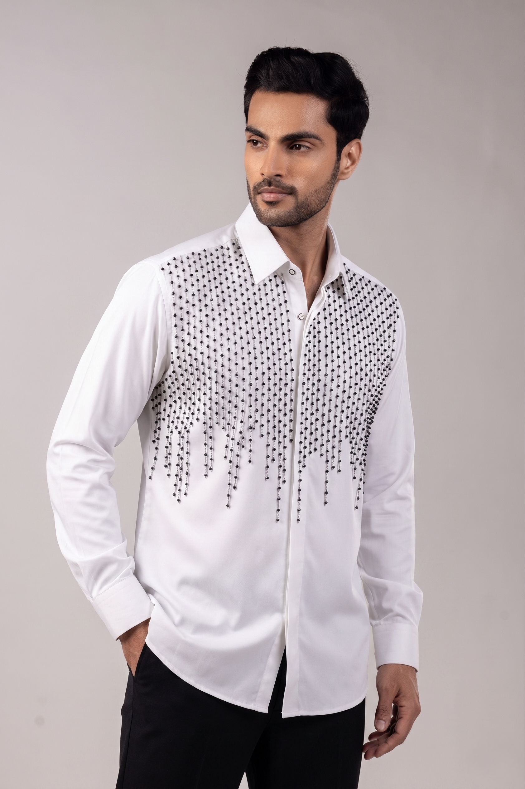 White Crystal Rain Drop Embellished Shirt