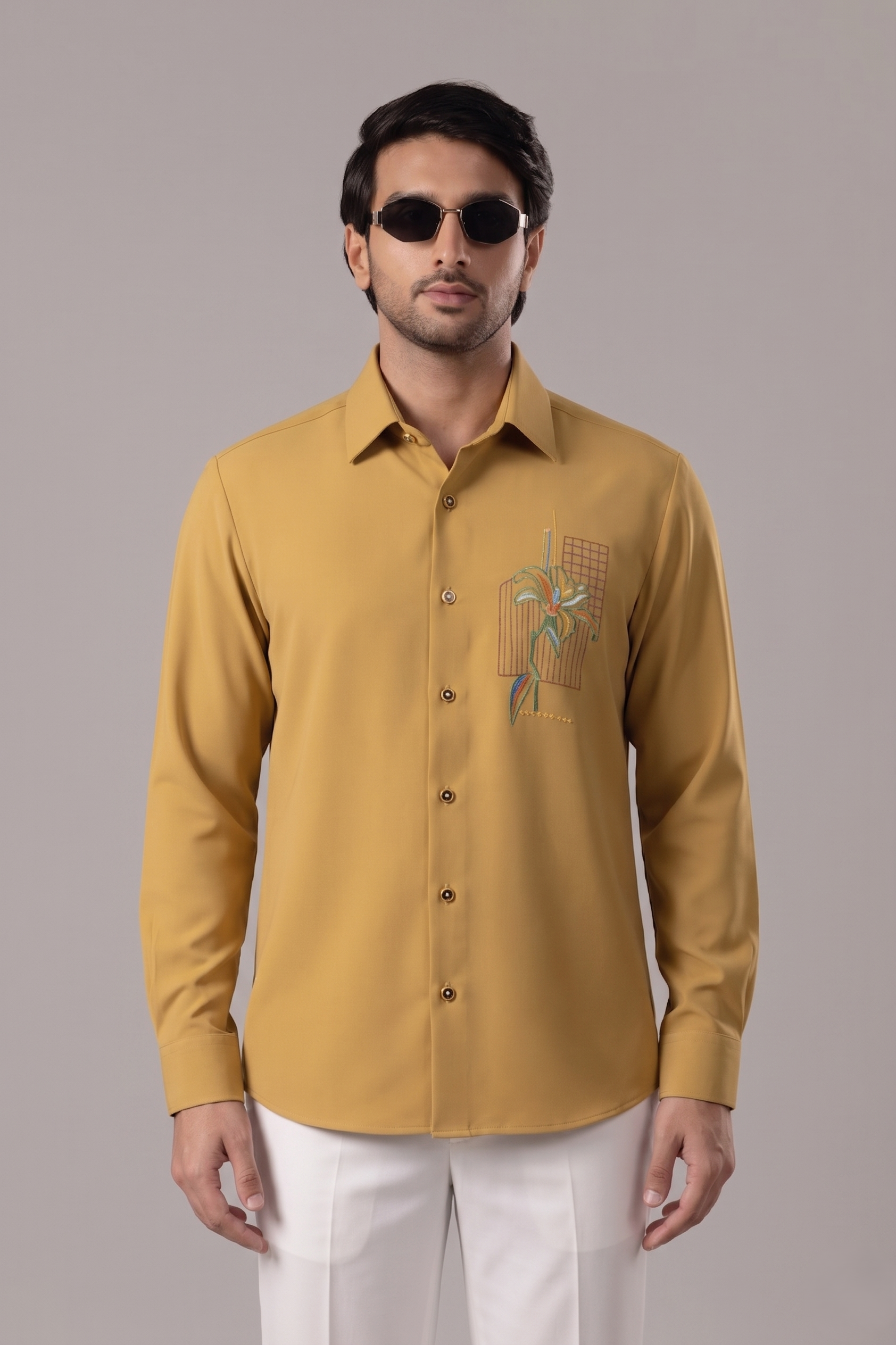 Camel Botanical Back Art Embroidered Shirt