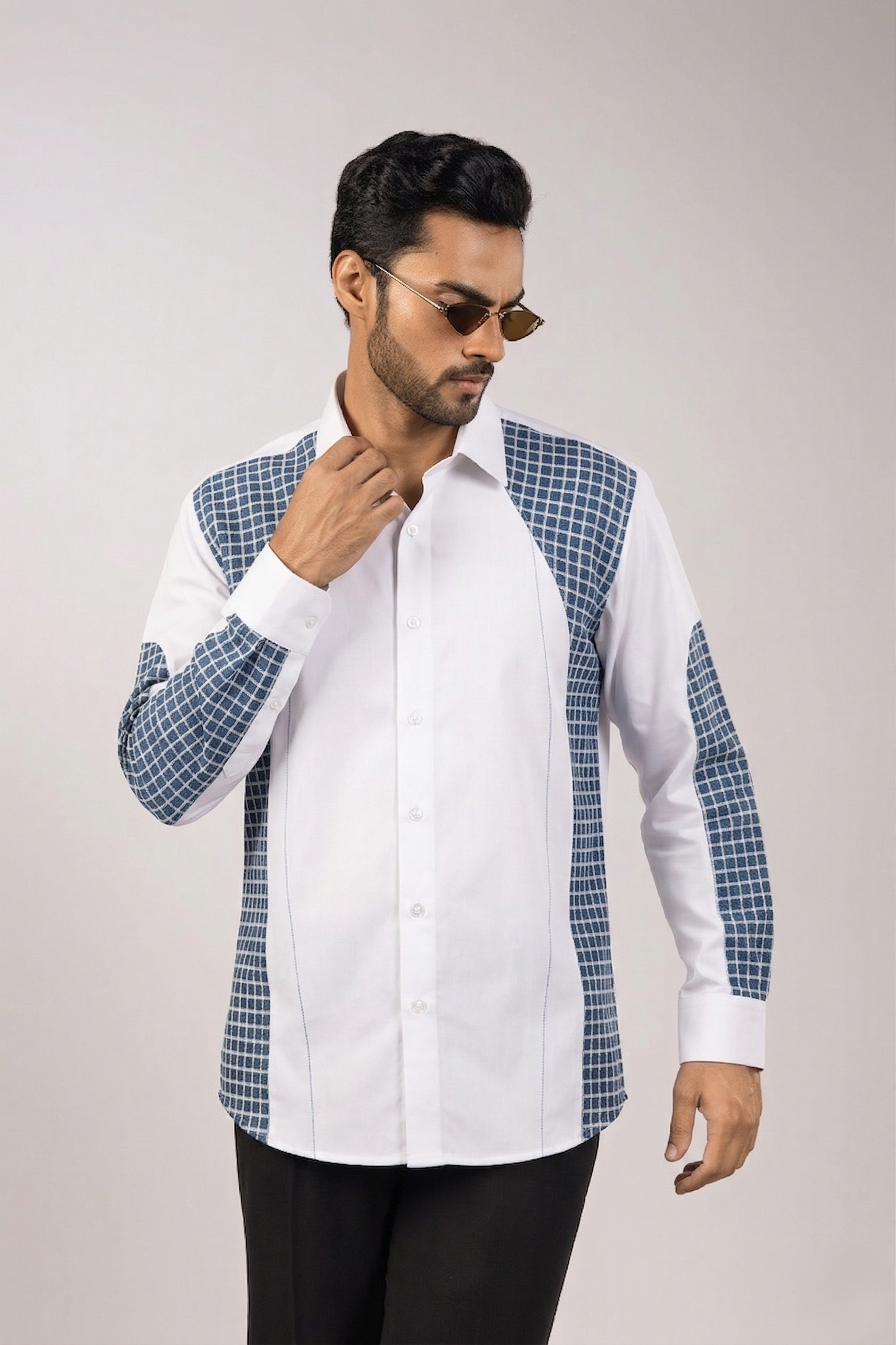 White Navy Grid Panel Contrast Sleeve Shirt