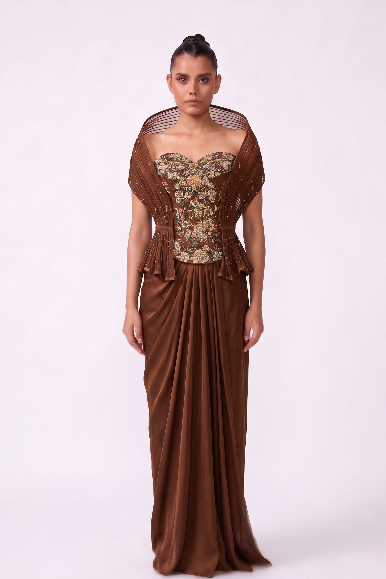 Walnut Pleat Cape Corset Saree - Full View
