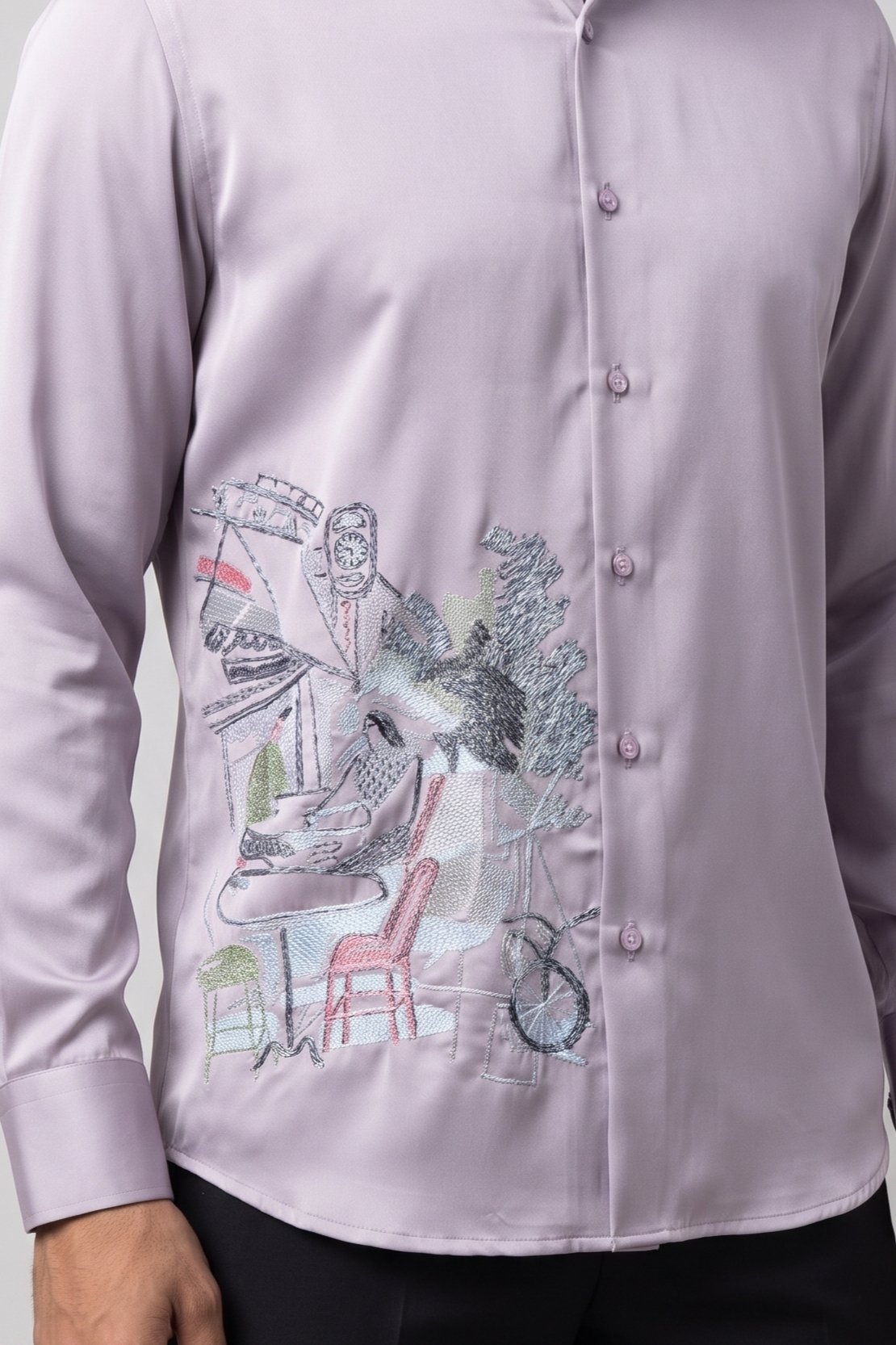 Dusty Mauve Parisian Scene Sketch Embroidered Shirt