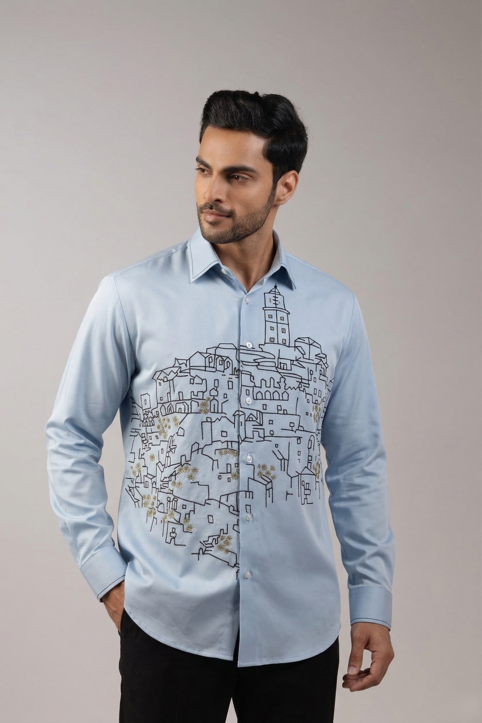 Sky Blue Mediterranean Hillside Cityscape Embroidered Shirt