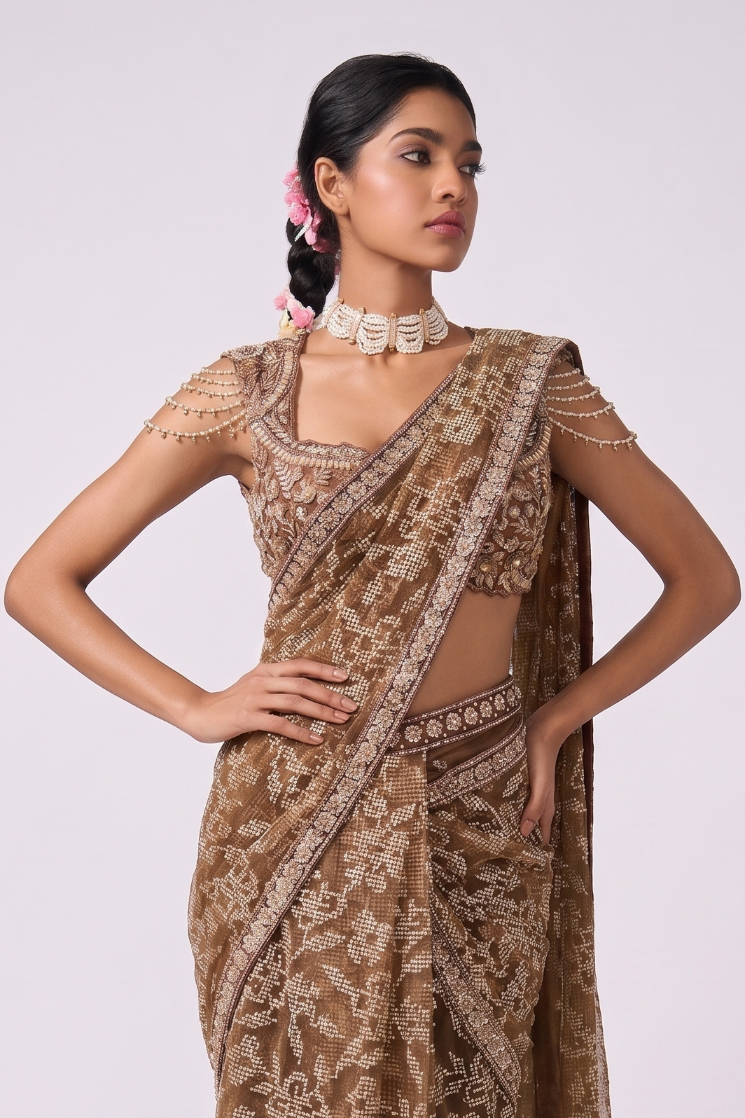 Tawny Grid Saree - Blouse and Shoulder Detail