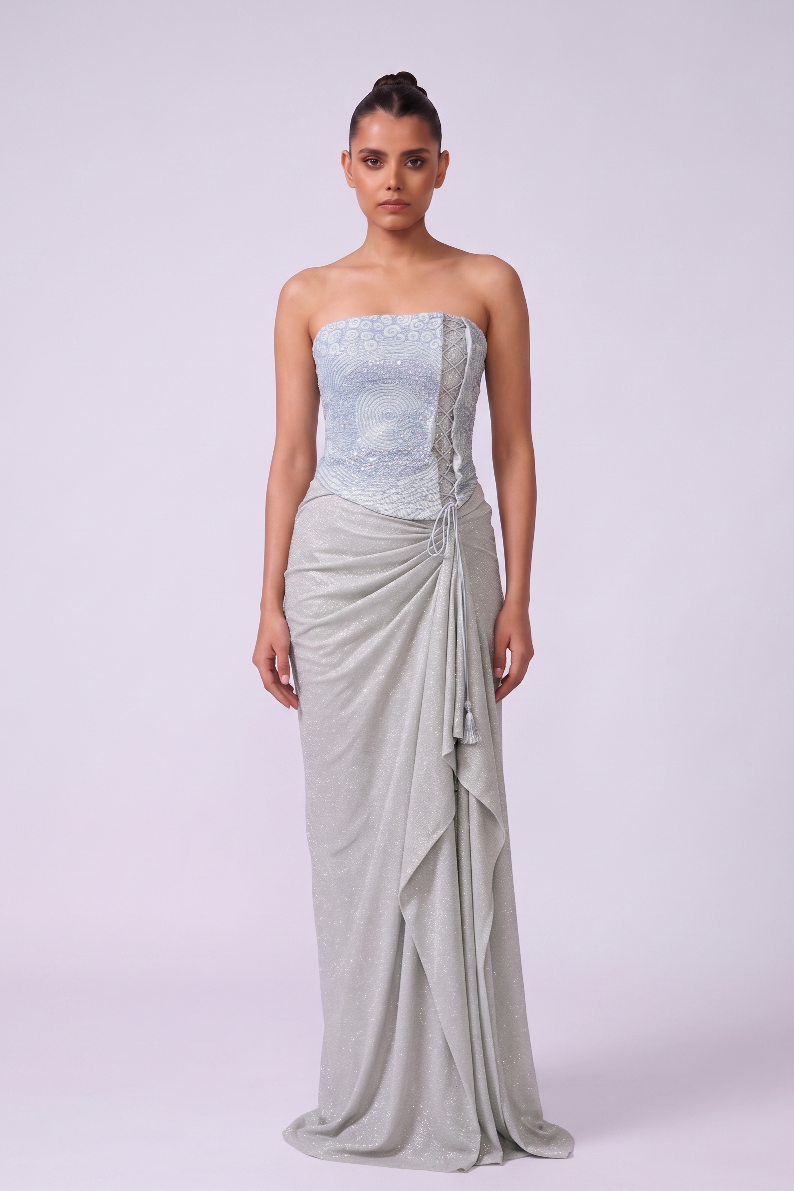 Glacier Swirl Lace-Up Corset Indo-Western Set - full length view