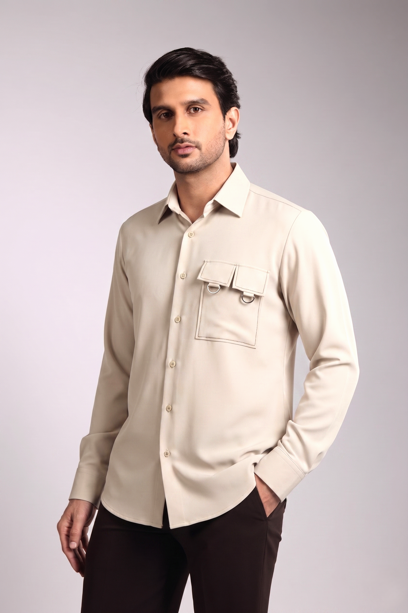 Sand Beige Utility Pocket Desert Back Embroidered Shirt