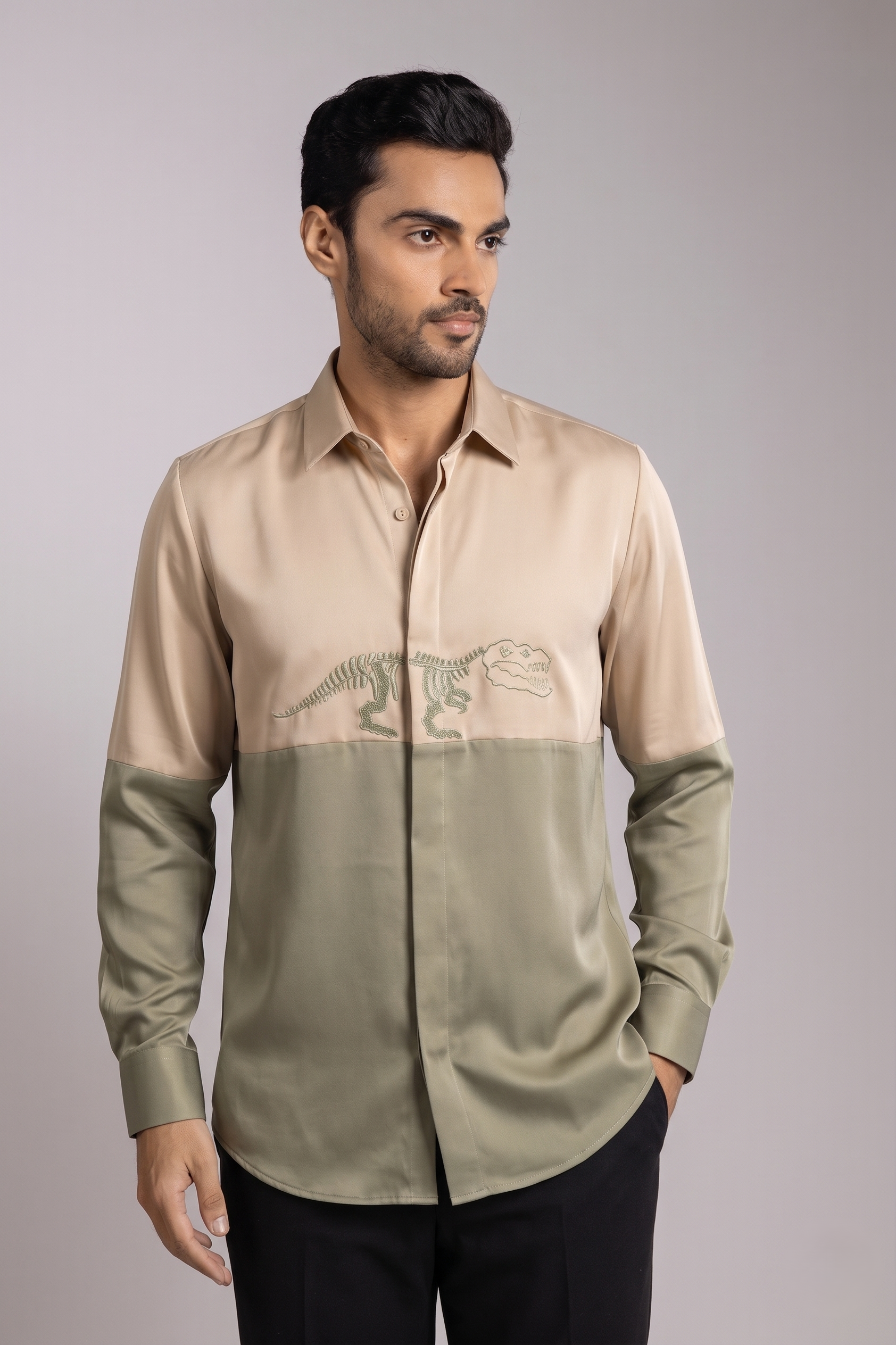 Fossil — Sand & Sage Colour Block Dinosaur Skeleton Embroidered Shirt