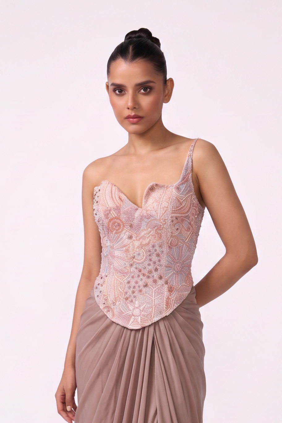 Rose Dust Embroidered Corset Draped Gown - bodice detail